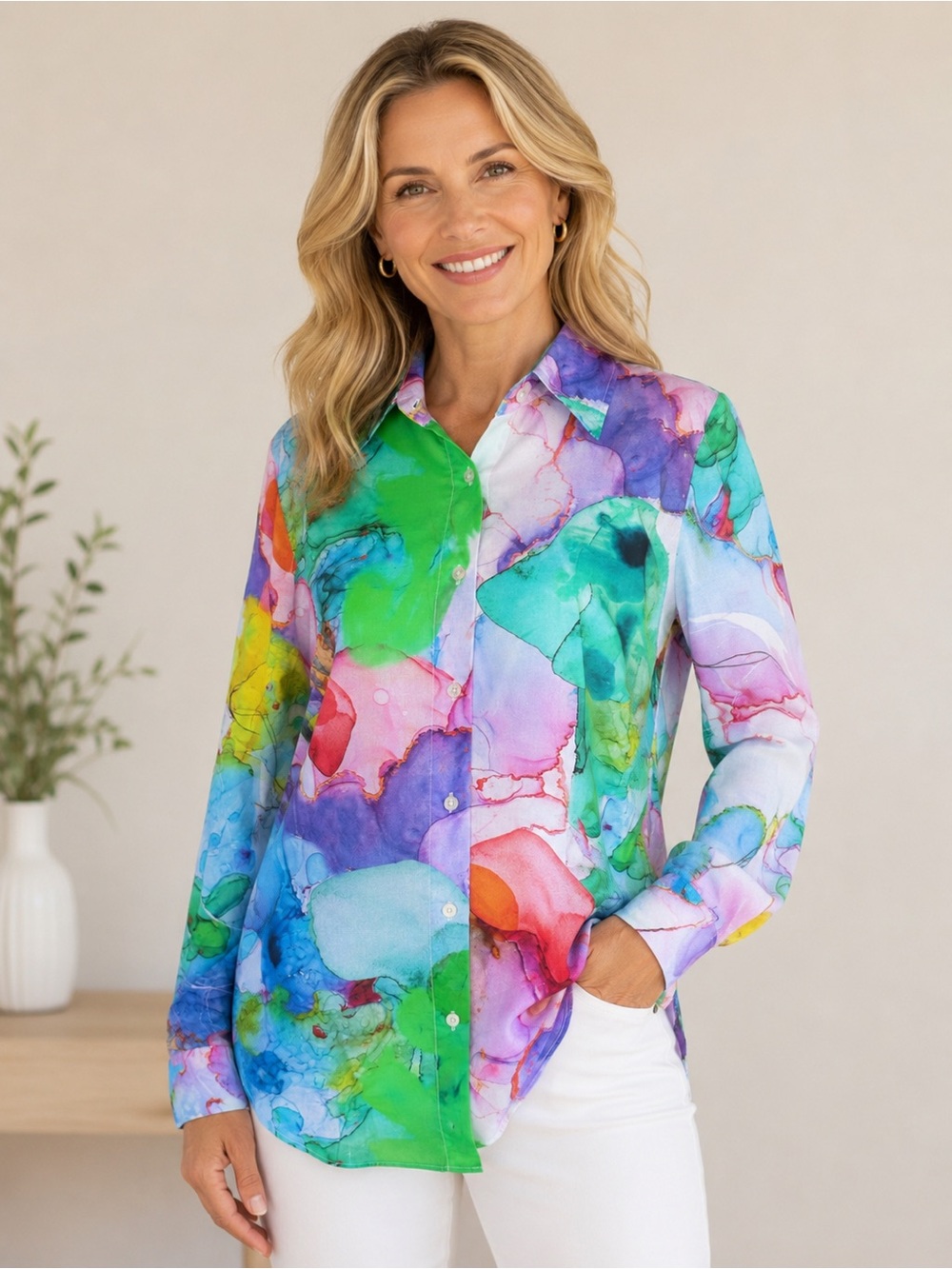 Vilagallo Multicolor Watercolor Print Button-Down Shirt